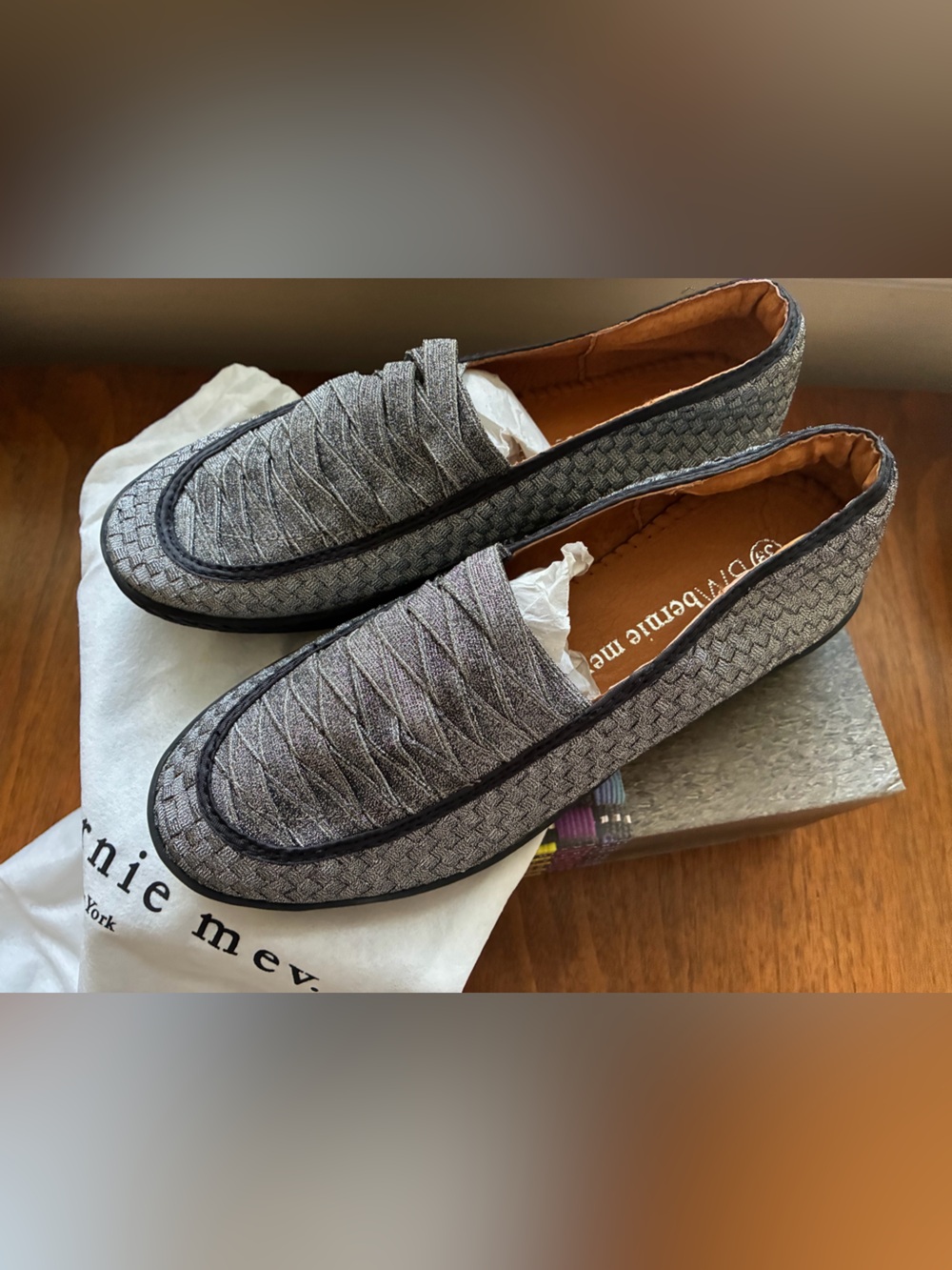 Bernie Mev Lola Women's Loafers  Silver Shimmer Slip-On Size 38 US 7 - 7.5